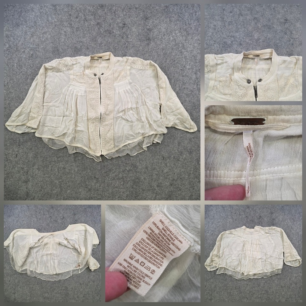 Free People Kimono Jacket Womens Small White Sheer Lace Embroidered Zip Boho
